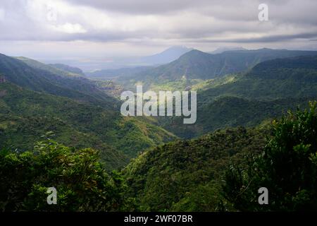 Aussichtspunkt Black River Gorge mit üppigem Green Rainforest Valley auf Mauritius Stockfoto