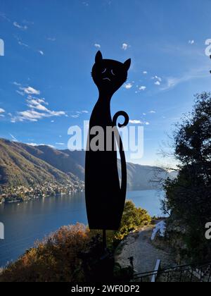 Eine schwarze Katze mit Silhouette, die auf einem Bergpfosten steht Stockfoto