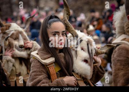 Pernik, Bulgarien - 27. Januar 2024: Maskerade-Festival zum 30. Geburtstag in Pernik Bulgarien. Leute mit einer Maske namens Kukeri tanzen und spielen zu sc Stockfoto