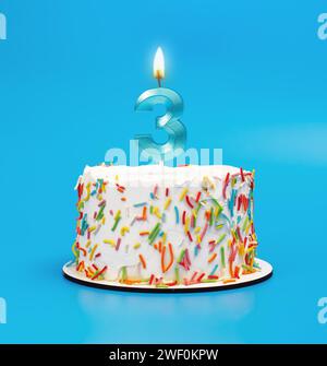 3-förmige Kerzenlicht auf dem Happy Birthday Kuchen auf blau Stockfoto