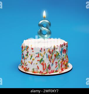 8-förmige Kerzenlicht auf dem Happy Birthday Kuchen auf Blau Stockfoto
