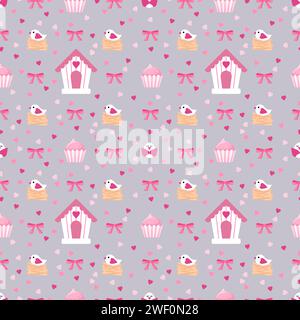 Nahtloses Muster mit Herzen, Vögeln, Vogelhäusern, Bögen. Grau-rosa Muster. Stock Vektor