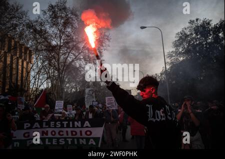 Madrid, Spanien. Januar 2024. Während einer Demonstration zur Unterstützung des palästinensischen Volkes hält ein Mann eine Fackel. Tausende von Menschen sind durch das Stadtzentrum marschiert, um einen Waffenstillstand in Gaza zu fordern, während die israelischen Angriffe weiter anhalten. Seit dem 7. Oktober 2023 sind im Gazastreifen mehr als 26.000 Palästinenser infolge israelischer Luftangriffe und Angriffe während des Konflikts zwischen Israel und Palästina getötet worden. Quelle: Marcos del Mazo/Alamy Live News Stockfoto