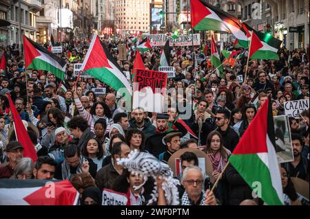 Madrid, Spanien. Januar 2024. Menschen, die während einer Demonstration zur Unterstützung des palästinensischen Volkes protestieren. Tausende von Menschen sind durch das Stadtzentrum marschiert, um einen Waffenstillstand in Gaza zu fordern, während die israelischen Angriffe weiter anhalten. Seit dem 7. Oktober 2023 sind im Gazastreifen mehr als 26.000 Palästinenser infolge israelischer Luftangriffe und Angriffe während des Konflikts zwischen Israel und Palästina getötet worden. Quelle: Marcos del Mazo/Alamy Live News Stockfoto