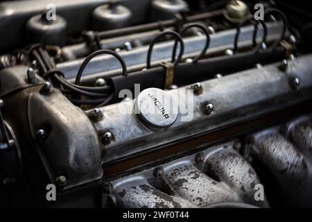 WERDER (HAVEL), DEUTSCHLAND - 20. MAI 2023: Der Motor des Sportwagens Jaguar XK120. Nahaufnahme. Bokeh drehen. Kunstlinse. Festival Werder Classics 2023 Stockfoto