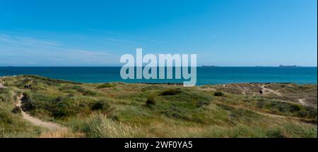 Skagen, Dänemark - 10. Juli 2019: Grasbewachsene Sanddünen bei Grenen. Panzerschiffe am Horizont. Stockfoto