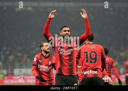 Mailand, Italien. Januar 2024. Ruben Loftus-Cheek feiert das 2. Tor seiner Mannschaft während des Fußballspiels der Serie A zwischen AC Milan und Bologna im San Siro Stadion in Mailand, Italien, Samstag, 27. Januar, 2024. (AP Photo/Antonio Calanni) Credit: LaPresse/Alamy Live News Stockfoto