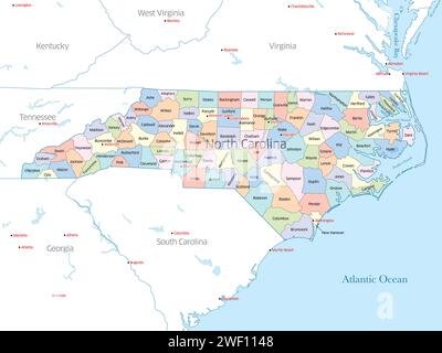 Farbenfrohe politische Karte der Countys, aus denen sich North Carolina in den Vereinigten Staaten zusammensetzt Stockfoto