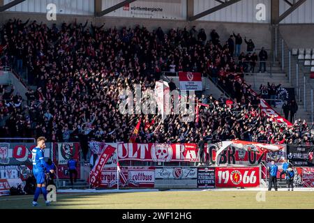 Erfurt, Deutschland. Januar 2024. Erfurt, Deutschland 27. Januar 2024: Regionalliga Nordost – 2023/2024 – Rot-Wei? Erfurt vs. FC Energie Cottbus im Bild: Fanblock Energie Cottbus Credit: dpa/Alamy Live News Stockfoto