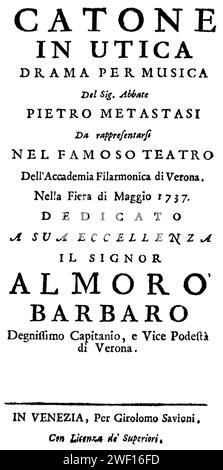 Antonio Vivaldi: Catone in Utica - Titlepage des Librettos - Venedig 1737. Stockfoto