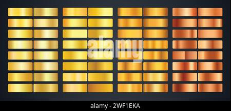 Sammlung von goldenem metallischem Farbverlauf. Brillante Platten mit Goldeffekt. Roségold und lila Verlaufsset Kollektion, Vektor-Illustration. Stock Vektor