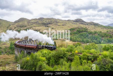 Der Jacobite Express fährt über das Glenfinnan Viadukt, auch bekannt als Hogwarts Express Stockfoto