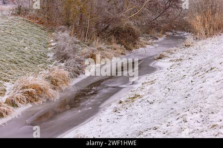 Gefrorenes Feuchtgebiet mit Bäumen, Büschen und Dickicht im kalten Winter Stockfoto