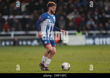 Hartlepool, Großbritannien. Januar 2023. Anthony Gomez Mancini von Hartlepool United während des Spiels der Vanarama National League zwischen Hartlepool United und York City im Victoria Park, Hartlepool am Samstag, den 27. Januar 2024. (Foto: Mark Fletcher | MI News) Credit: MI News & Sport /Alamy Live News Stockfoto