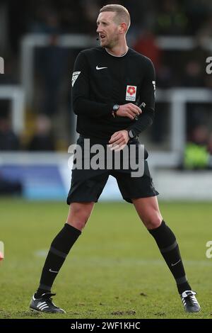 Hartlepool, Großbritannien. Januar 2023. Match-Schiedsrichter Jamie O’Connor während des Vanarama National League-Spiels zwischen Hartlepool United und York City im Victoria Park, Hartlepool am Samstag, den 27. Januar 2024. (Foto: Mark Fletcher | MI News) Credit: MI News & Sport /Alamy Live News Stockfoto