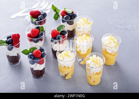 Auswahl an Mini-Desserts in Tassen, Zitronen- und Schokoladendesserts mit Schlagsahne und Beeren für eine Party Stockfoto