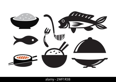 Set von Symbolen für Lebensmittel. Vektorabbildung in Schwarzweiß. Stock Vektor
