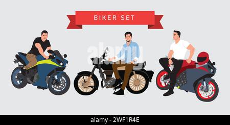 Radfahrer auf Motorrädern. Vektorabbildung in abgewickelter Form. Motorradfahrer auf dem Motorrad. Stock Vektor