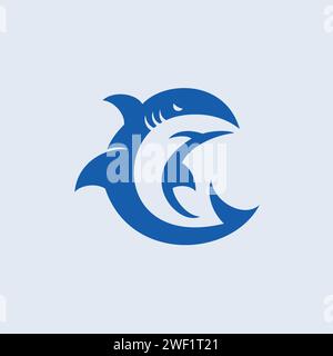 Ein Logo mit einem coolen blauen Hai, der seinen Körper in einen Kreis umschließt. Stock Vektor
