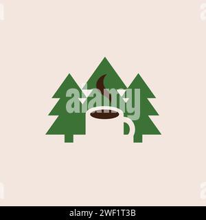 Ein Logo mit einer Kaffeetasse im Negativbereich einiger Kiefern. Stock Vektor