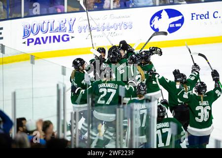 Tsongas Center. Januar 2024. Massachusetts, USA; die Spieler aus Boston feiern im Tsongas Center einen Sieg über Minnesota in einem regulären Spiel der PWHL. (c) Burt Granofsky/CSM/Alamy Live News Stockfoto