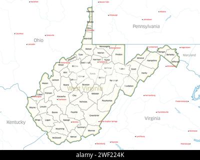 Politische Karte mit den Countys des Bundesstaates West Virginia. Stockfoto