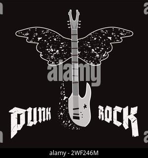 Punk Rock Poster elektrische Gitarre, Flügel und Text stilisierte dekorative Symbole druckbare Vektor-Illustration isoliert auf schwarzem Hintergrund Stock Vektor