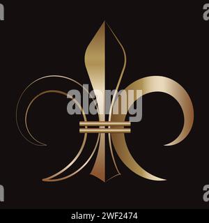 Fleur de Lis Icon Königliches französisches heraldisches Symbol Gold, Metallic, Umriss dekoratives Designelement Vektor-Illustration isoliert auf schwarzem Hintergrund Stock Vektor