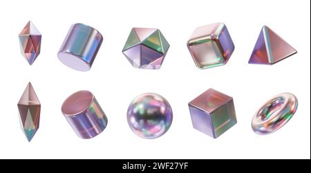 Hologramm Geometrieform Pack Set isoliertes 3D-Rendering im Hintergrund ohne AI generiert Stockfoto