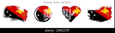 Papua-Neuguinea handgezeichnete Flaggen-Symbol-Set im Grunge-Stil. Papua-Banner in offiziellen Farben. Freier Pinsel, Kontur, Kreis- und Herzform. Flache vecto Stock Vektor