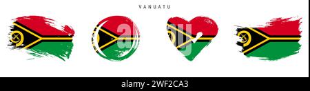 Vanuatu Handgezeichnetes Flaggenset im Grunge-Stil. Vanuatuan Banner in offiziellen Farben. Freier Pinsel, Kontur, Kreis- und Herzform. Flache Vektorillu Stock Vektor