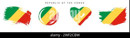 Republik Kongo handgezeichnetes Flaggenset im Grunge-Stil. Kongolesisches Banner in offiziellen Farben. Freier Pinsel, Kontur, Kreis- und Herzform. Fl Stock Vektor