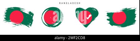Bangladesch handgezeichnetes Flaggenset im Grunge-Stil. Bangladeschi Banner in offiziellen Farben. Freier Pinsel, Kontur, Kreis- und Herzform. Flacher Vektor Stock Vektor