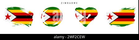Handgezeichnetes Flaggenset im Grunge-Stil von Simbabwe. Simbabwes Banner in offiziellen Farben. Freier Pinsel, Kontur, Kreis- und Herzform. Flacher Vektor Stock Vektor