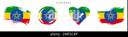 Äthiopien handgezeichnete Flaggensymbole im Grunge-Stil. Äthiopisches Banner in offiziellen Farben. Freier Pinsel, Kontur, Kreis- und Herzform. Flacher Vektor Abb. Stock Vektor