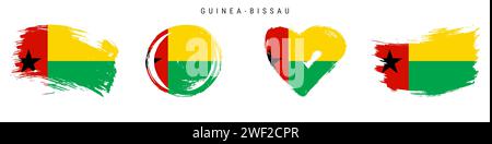 Guinea-Bissau handgezeichnetes Flaggenset im Grunge-Stil. Republikanisches Banner in offiziellen Farben. Freier Pinsel, Kontur, Kreis- und Herzform. Flacher Vektor Stock Vektor
