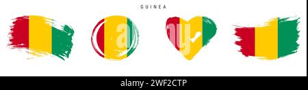 Handgezeichnetes Flaggenset Guinea im Grunge-Stil. Republikanisches Banner in offiziellen Farben. Freier Pinsel, Kontur, Kreis- und Herzform. Flaches Fahrzeug Stock Vektor