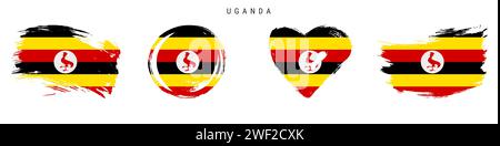 Handgezeichnetes Flaggenset Uganda im Grunge-Stil. Ugandische Banner in offiziellen Farben. Freier Pinsel, Kontur, Kreis- und Herzform. Flachvektorillustr Stock Vektor