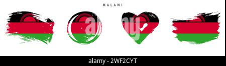 Malawi handgezeichnete Flaggen im Grunge-Stil. Malawisches Banner in offiziellen Farben. Freier Pinsel, Kontur, Kreis- und Herzform. Flache Vektorillust Stock Vektor