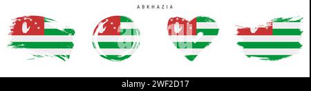 Abchasien handgezeichnete Flaggen im Grunge-Stil. Abchasisches Banner in offiziellen Farben. Freier Pinsel, Kontur, Kreis- und Herzform. Flacher Vektor Abb. Stock Vektor