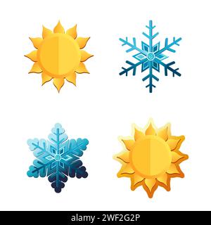 Sommer Sonne und Winter Schneeflocken Vektorsymbole. Symbol für Wetter und Außentemperatur in flacher Ausführung. Abbildung: Karte, Banner, Poster, 2D, pac Stock Vektor