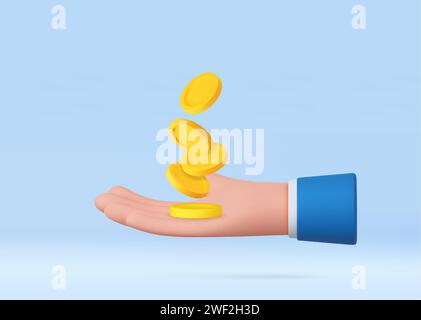 3D Hand mit Münzen fliegen. Stock Vektor