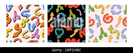 Naive verspielte Pfeile im trendigen Retro-memphis-Stil mit Vektorstruktur. Nahtloses Muster der Blinkleuchten Stock Vektor