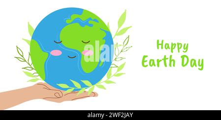 Erde Tag süßer lustiger Charakter weißer Hintergrund. Planet Erde auf deiner Hand. Dekoriert mit Blättern und Zweigen. Banner, Poster, Postkartendesign. Vektor. Stock Vektor