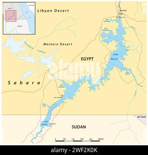 Vektorkarte des Lake Nasser Reservoir Ägypten Sudan Stockfoto