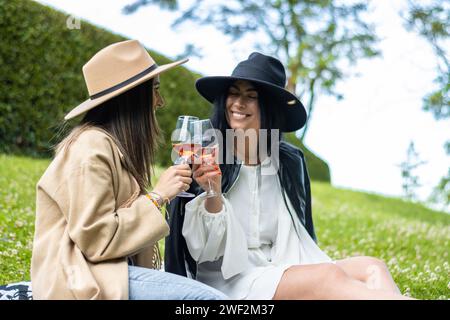 Porträt von zwei lustigen Freunden, die Spaß haben, Wein zu trinken und im Park zu lachen Stockfoto