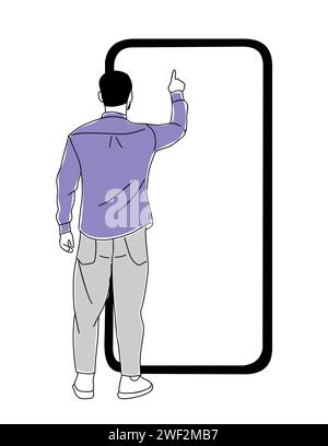 Mann steht hinten und berührt den Smartphone-Bildschirm Stock Vektor