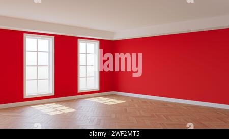 Leeres Interieur mit roten Wänden, zwei Fenstern, weißer Decke und Gesimse, glänzendem Fischgrätparkett und weißem Sockel. Wunderschönes Zimmerkonzept. Stockfoto