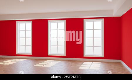 Leeres rotes Interieur mit drei großen Fenstern, hellem Parkettboden mit Fischgrätmuster und weißem Sockel. Wunderschönes Konzept des leeren Zimmers. 3D-Rendering Stockfoto