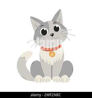 Ein süßes lächelndes Kätzchen im Kragen. Die Katze sitzt mit gefalteten Pfoten. Eine flache Vektorillustration auf weißem Hintergrund Stock Vektor